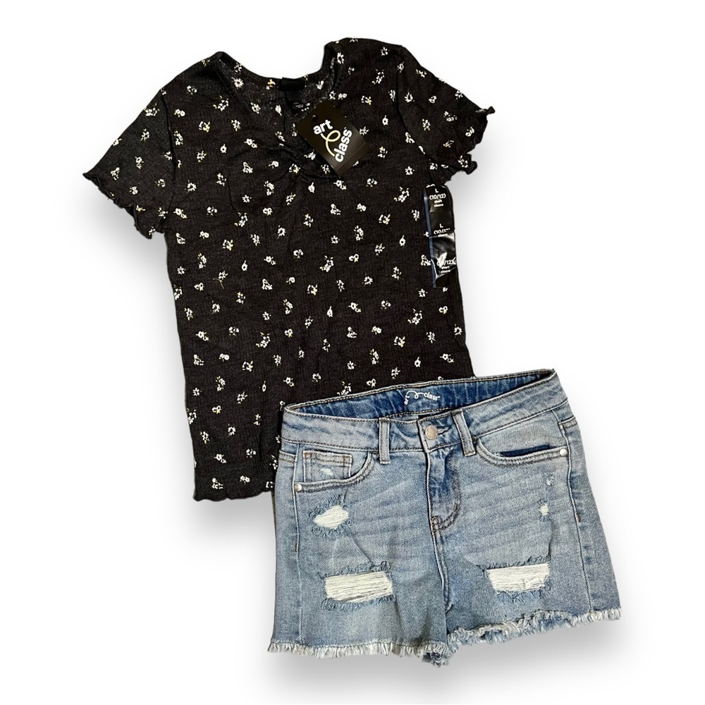 Art Class Jean Shorts and Charcoal Floral Tee Size 10/12